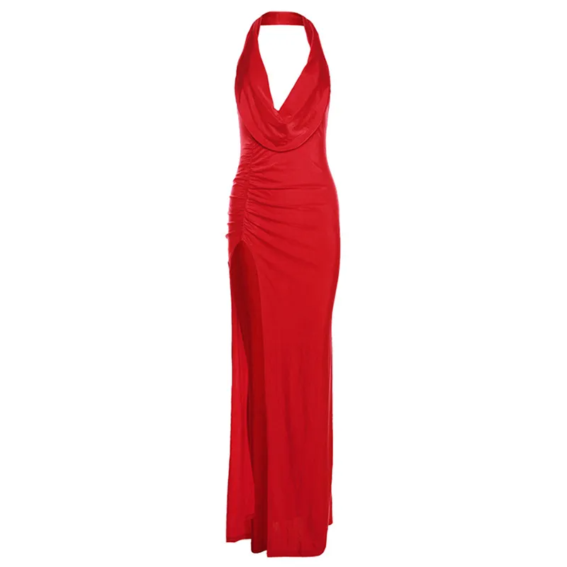 3AAC2E9 Darly V-Neck Backless Elegant Side-Slit Halter Dress